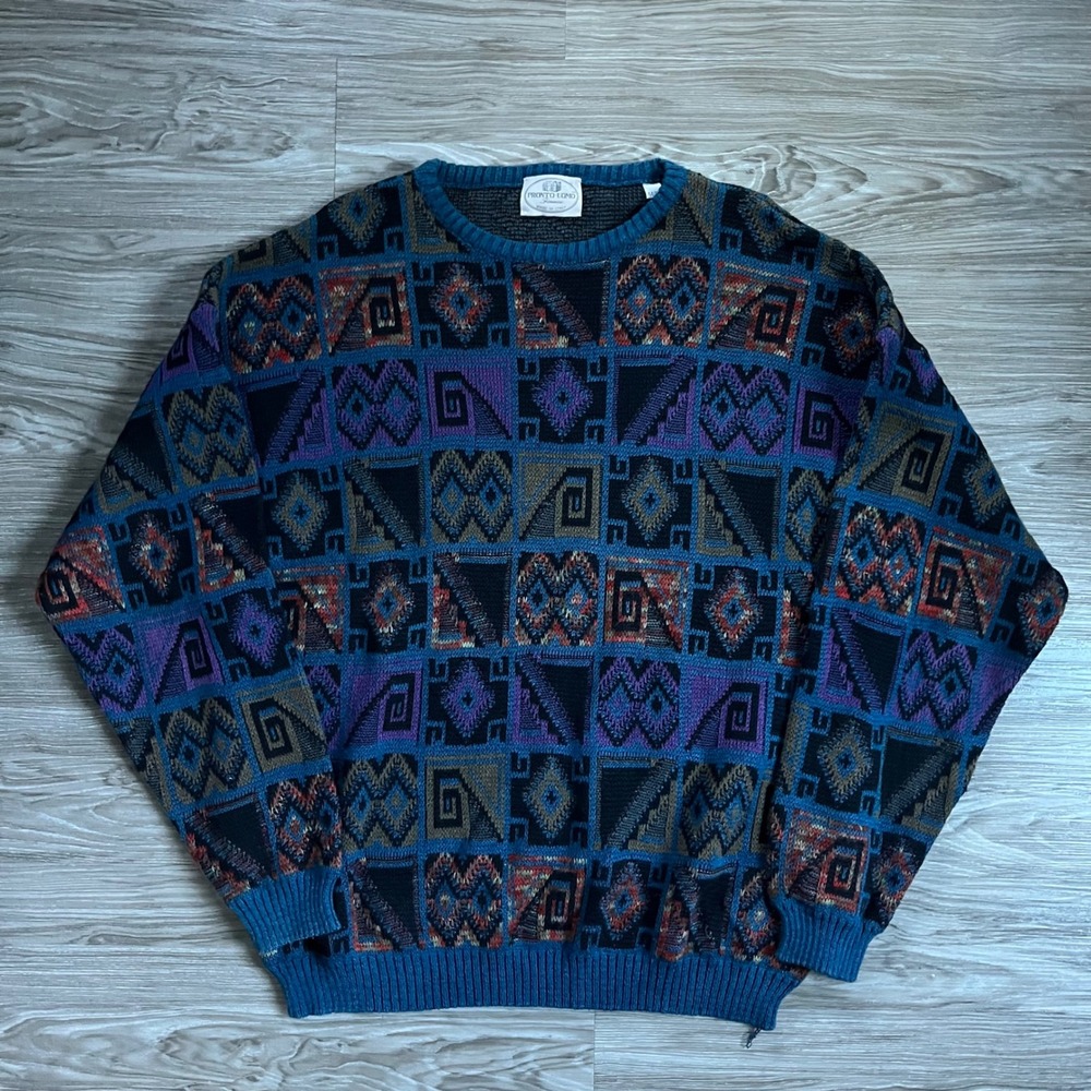 Pronto Uomo Vintage Geometric Abstract Knit Sweater Mens XL Blue Made in Italy